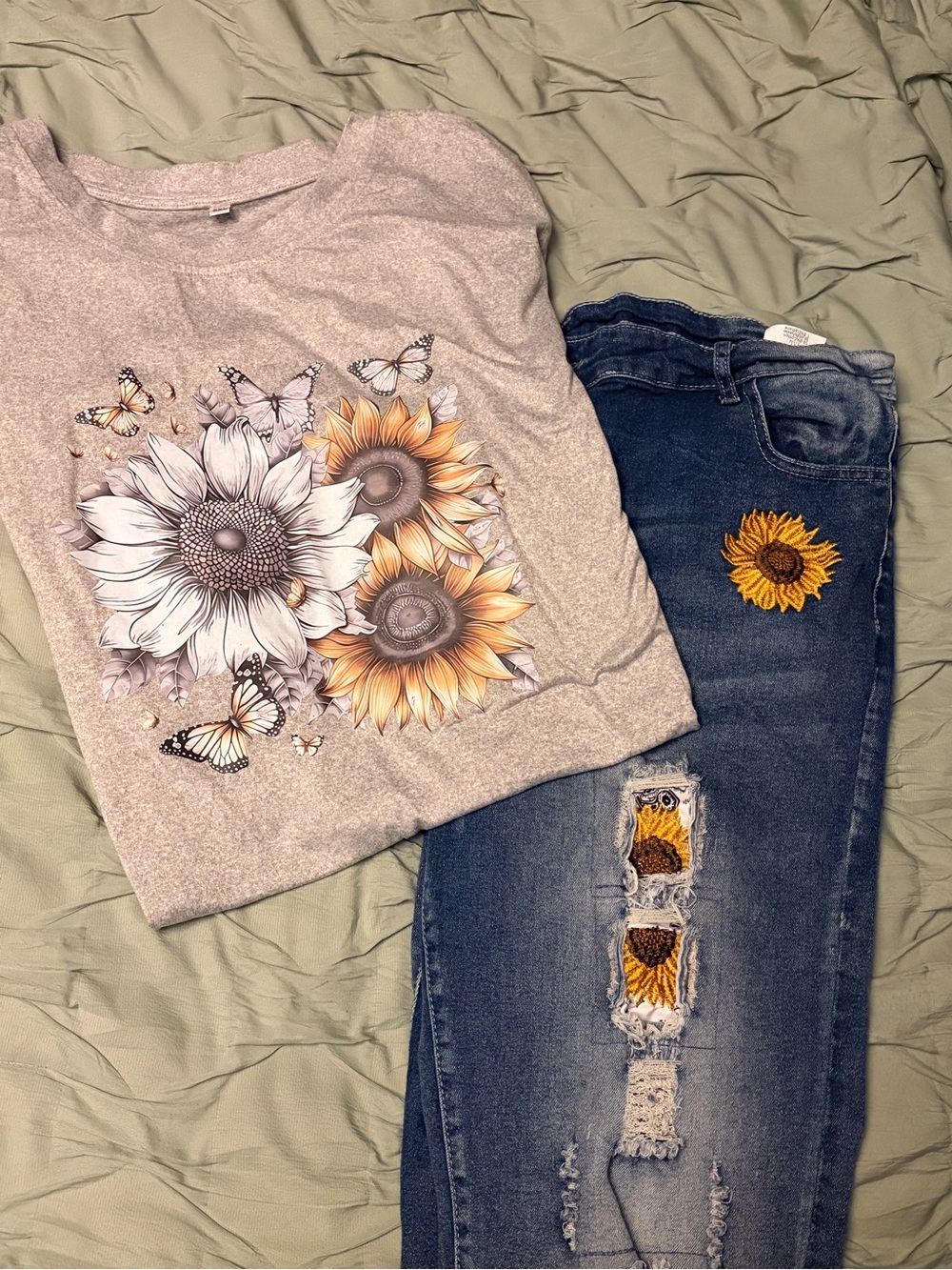 BUNDLE DEAL: Sunflower Embroidered Women’s Jeans & cute tshirt set